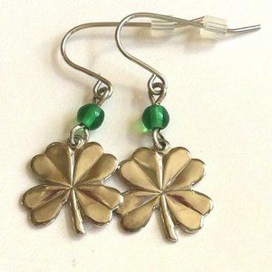 Irish Shamrock Earrings Silver Plated St. Patricks Day Celtic Clover Green Bead